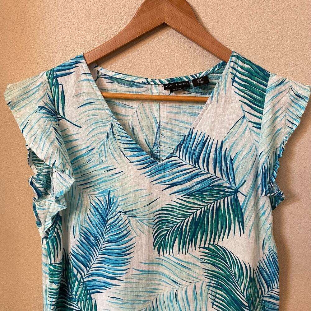 Tahari 100% Linen Palm Leaf Teal Short Dress Womens sz S Casual Tropical Relaxed - Picture 4 of 11